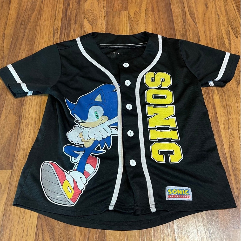 Sonic The Hedgehog Baseball Jersey Youth Medium Black Mesh Button Up SEGA Shirt